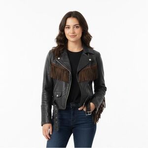 All American Rider Black Leather Fringe Jacket M